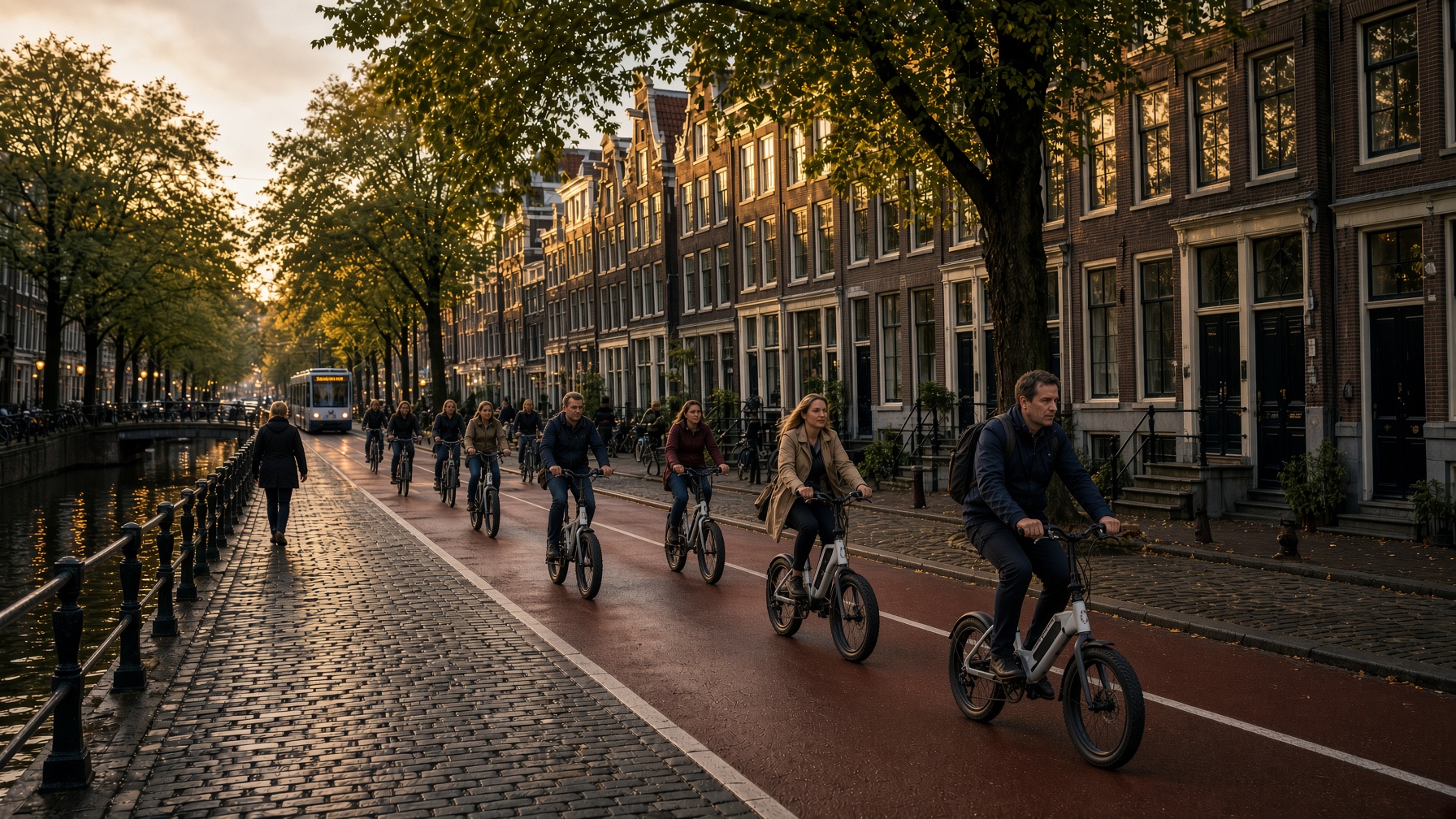 Folding e-bikes riding the bike lanes of downtown Amsterdam at golden hour, canal houses and cobblestones