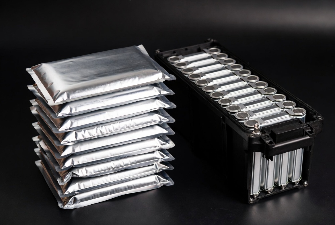 NMC pouch cells stacked next to an open modular battery pack module