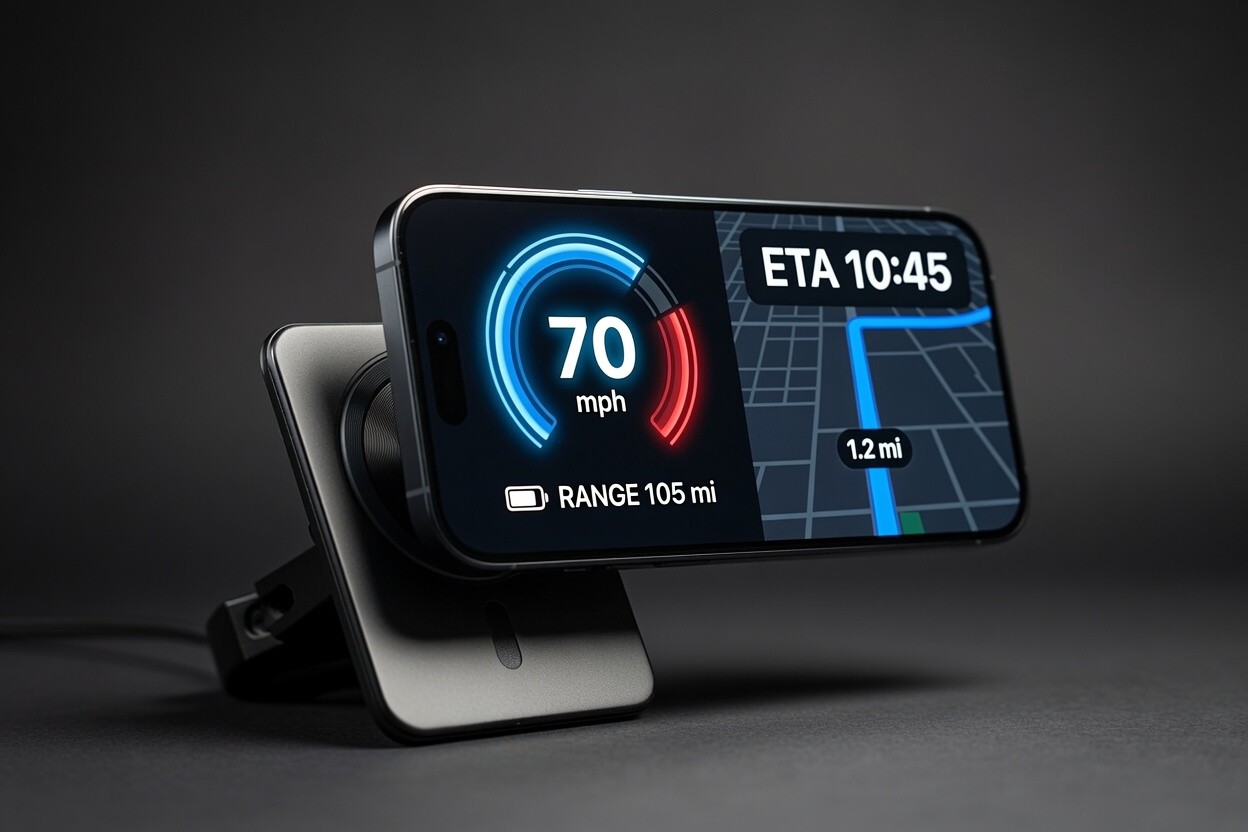 Smartphone magnetically mounted on the SkeletKey dash showing speedometer, range, and Google Maps navigation