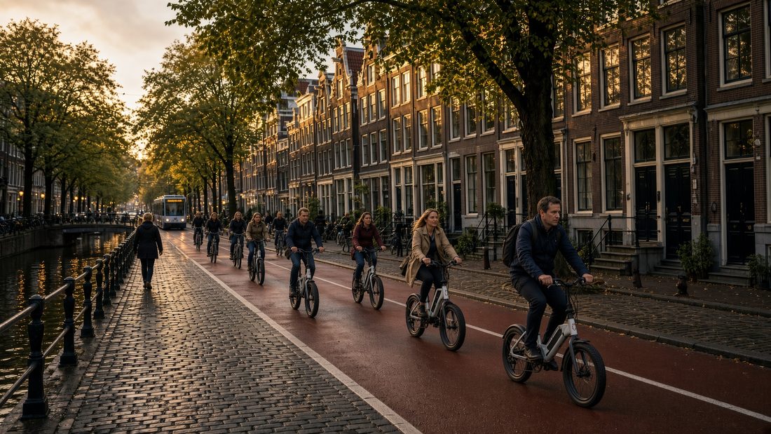 Folding e-bikes riding the bike lanes of downtown Amsterdam at golden hour, canal houses and cobblestones
