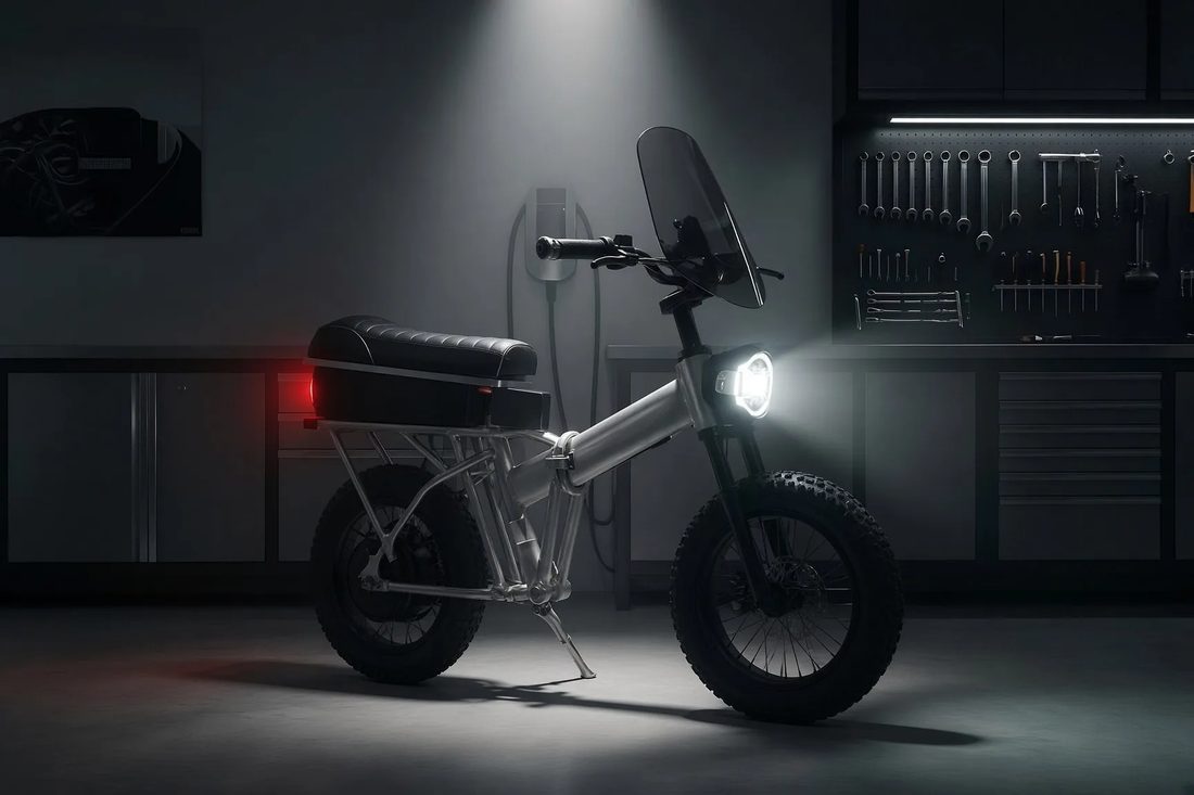Puca folding electric motorcycle, front three-quarter workshop view