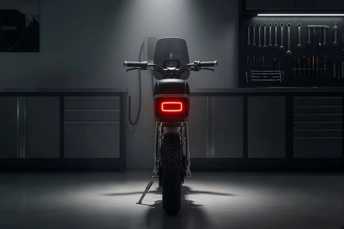 Puca folding electric motorcycle, rear workshop view