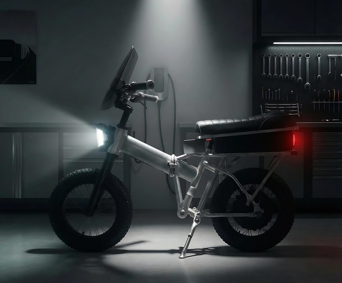 SkeletKey Puca folding electric motorcycle in a workshop