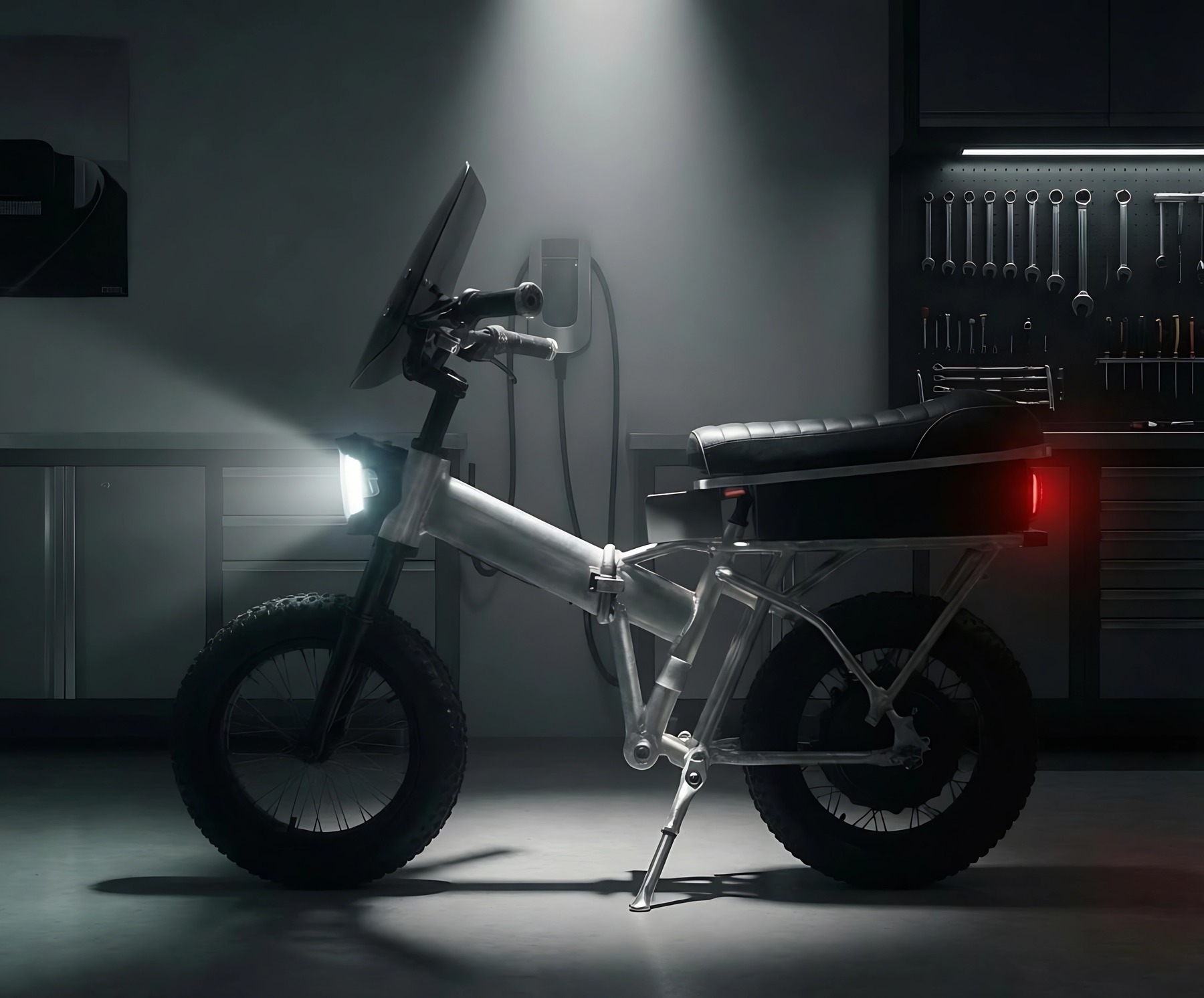 SkeletKey folding electric motorcycle — carbon steel folding frame with modular battery
